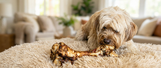 Power chewer dog chewing a dino bone
